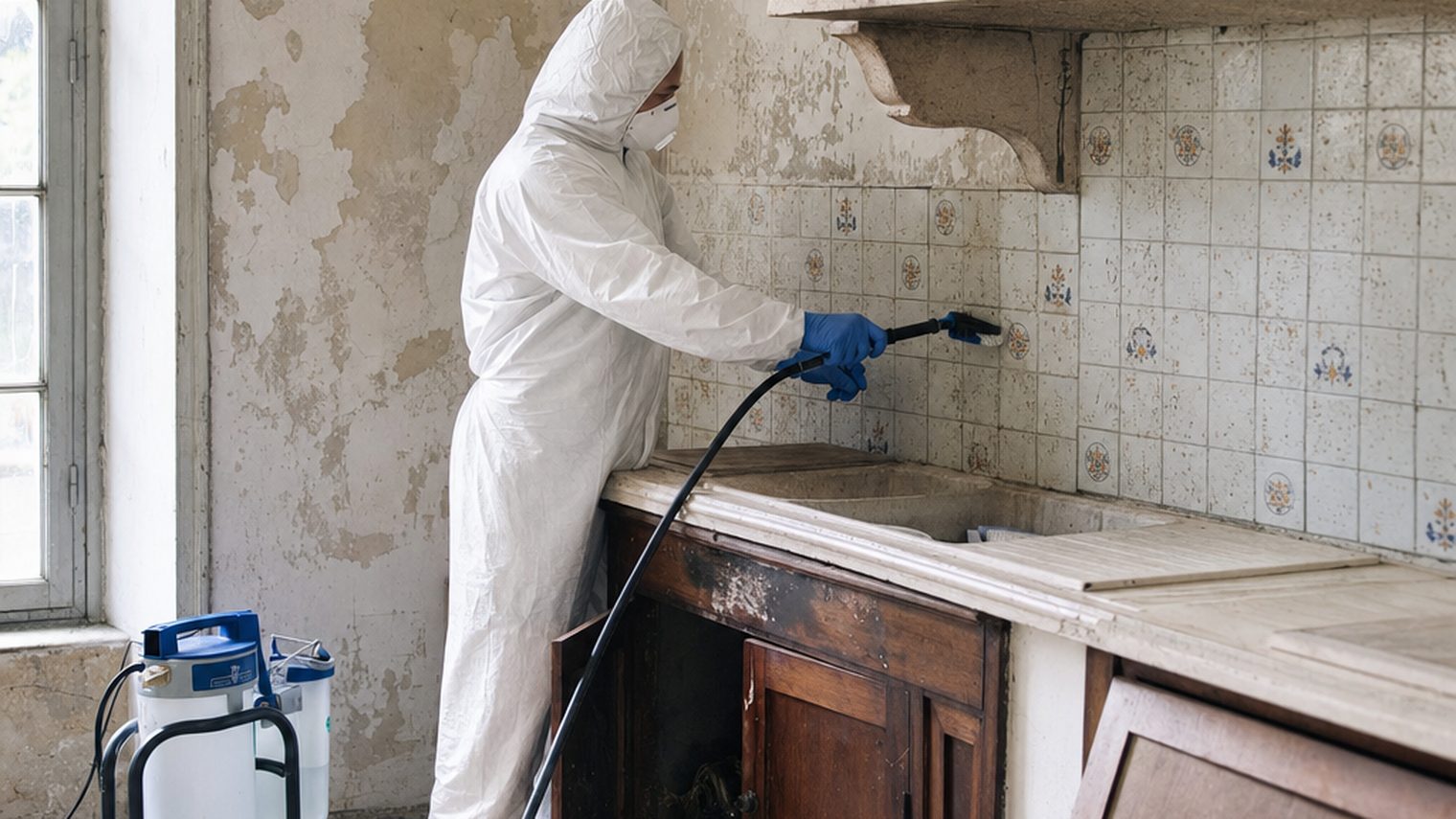 Technicien en tenue de protection nettoyant un logement insalubre